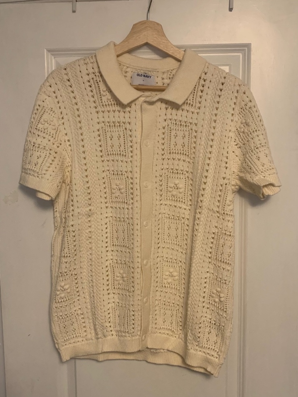 Cream knit button up granny square crochet men’s shirt 100% cotton
